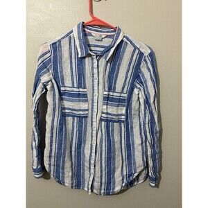 Boden Womens 100% Linen Blue White Striped Button Up Shirt‎ Sz 4R Coastal Preppy